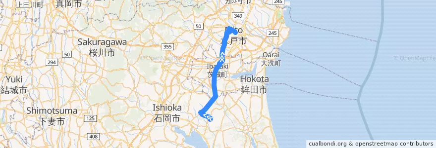 Mapa del recorrido 関鉄グリーンバス 茨城空港⇒奥ノ谷⇒水戸駅 de la línea  en 이바라키현.