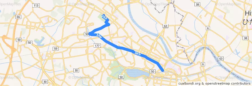 Mapa del recorrido 茨城交通バス11系統 茨大前営業所⇒新原⇒水戸駅 de la línea  en Mito.