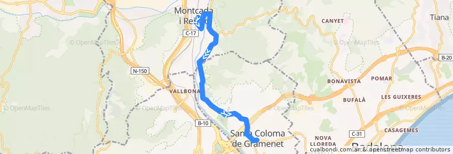 Mapa del recorrido B18 MONTCADA I REIXAC - STA. COLOMA DE G. (PL. VILA) de la línea  en Барселона.