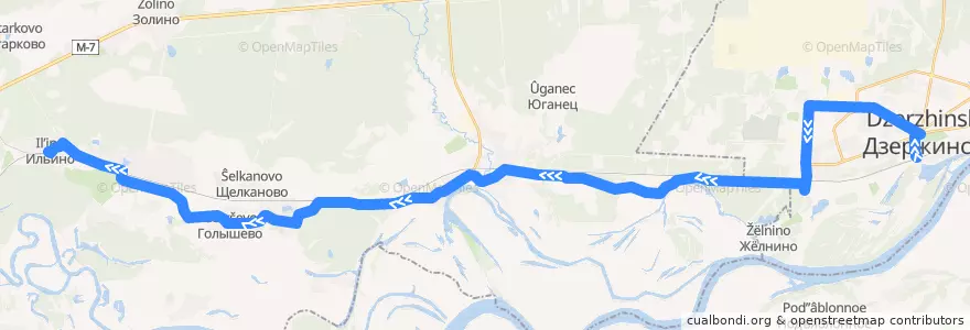 Mapa del recorrido Автобус №104 (Дзержинск (автовокзал) – Ильино (Володарский р-н)) de la línea  en Oblast Nischni Nowgorod.