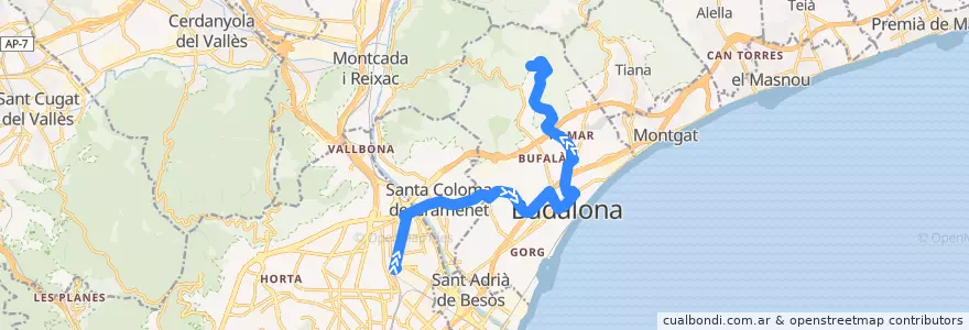 Mapa del recorrido M28 BARCELONA (EST. SANT ANDREU COMTAL) - BADALONA (H. CAN RUTI) de la línea  en Барселонес.