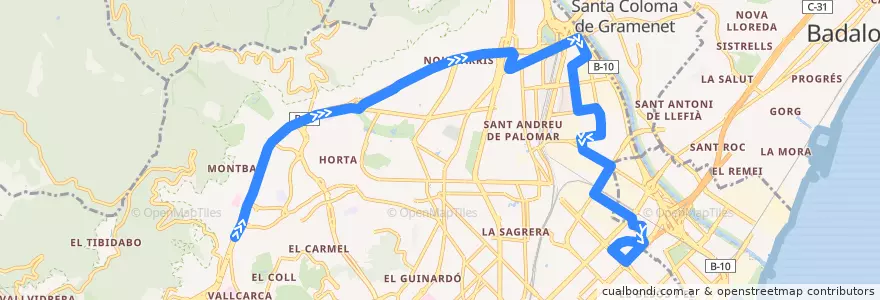 Mapa del recorrido 60 Vall d'Hebron => Besós Verneda de la línea  en Барселона.