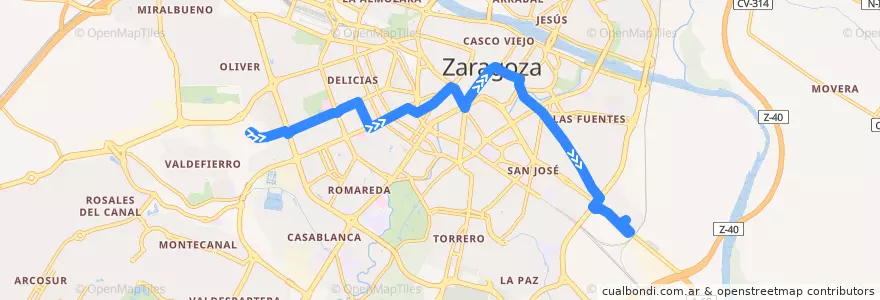 Mapa del recorrido Bus 38: Escuela Pignatelli => Bajo Aragón de la línea  en Сарагоса.