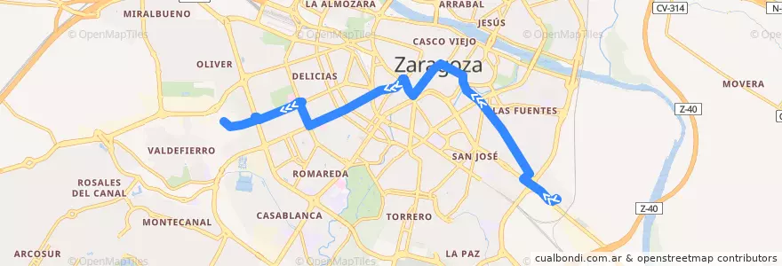Mapa del recorrido Bus 38: Bajo Aragón => Escuela Pignatelli de la línea  en Zaragoza.