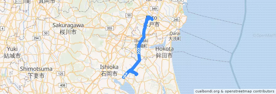 Mapa del recorrido 関鉄グリーンバス 小川駅⇒茨城空港・奥ノ谷⇒水戸駅 de la línea  en Ibaraki Prefecture.