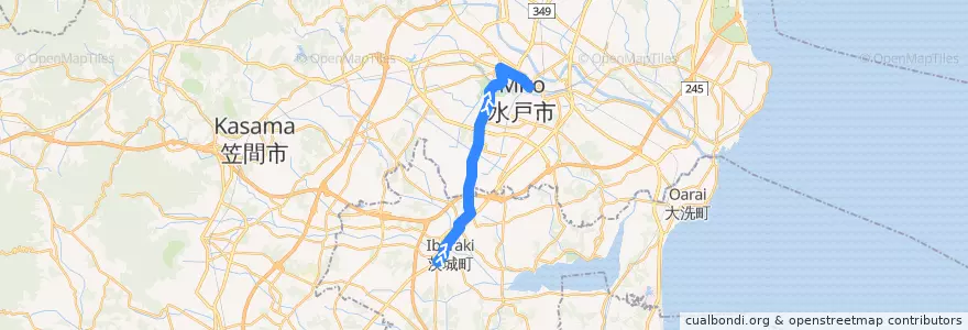 Mapa del recorrido 関鉄グリーンバス 奥ノ谷坂上⇒水戸駅 de la línea  en 이바라키현.