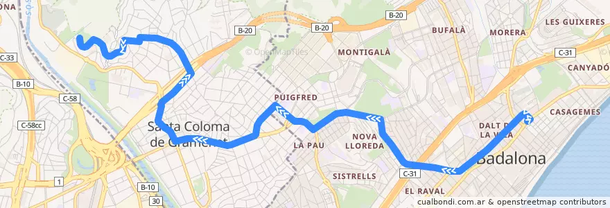 Mapa del recorrido M27 Badalona Centre - Santa Coloma de Gramenet Oliveres de la línea  en Barcelonès.