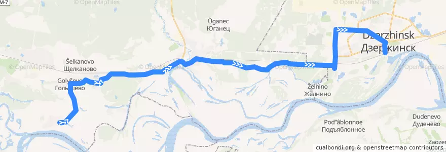 Mapa del recorrido Автобус №118 (Дубки (Володарский р-н) - Дзержинск (автовокзал)) de la línea  en Nizhny Novgorod Oblast.