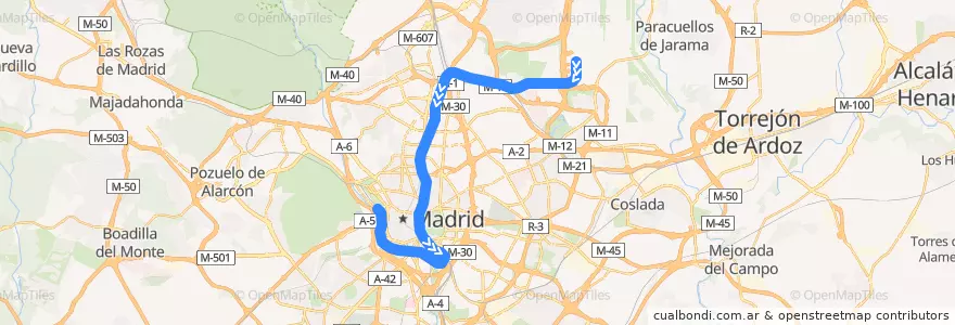 Mapa del recorrido C-1. Aeropuerto T4 → Chamartín → Atocha → Príncipe Pío de la línea  en 마드리드.