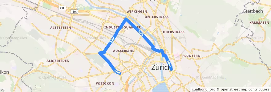 Mapa del recorrido Bus N5: Schmiede Wiedikon → Bellevue de la línea  en Zurigo.