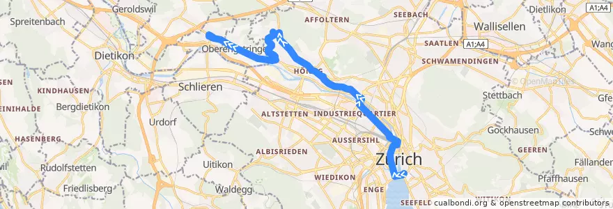Mapa del recorrido Bus N4: Bellevue → Unterengstringen de la línea  en Zurich.