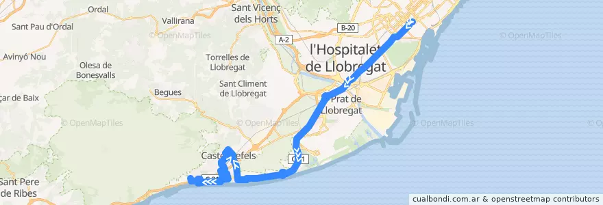 Mapa del recorrido L95 Barcelona => Castelldefels de la línea  en Sepanyol.
