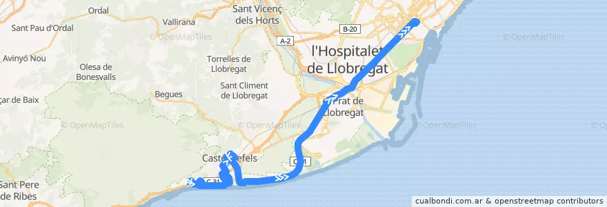 Mapa del recorrido L95 Castelldefels => Barcelona de la línea  en Испания.