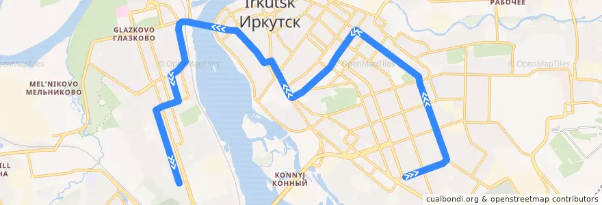 Mapa del recorrido ул. Волжская → Студгородок de la línea  en イルクーツク管区.