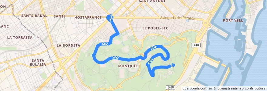 Mapa del recorrido 150 Pl. Espanya => Castell de Montjuïc de la línea  en 바르셀로나.