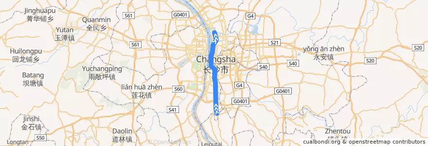 Mapa del recorrido 长沙地铁1线 de la línea  en Changsha City.