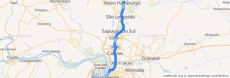 Mapa del recorrido Norte: Mercado - Novo Hamburgo de la línea  en Metropolitaans Regio van Porto Alegre.