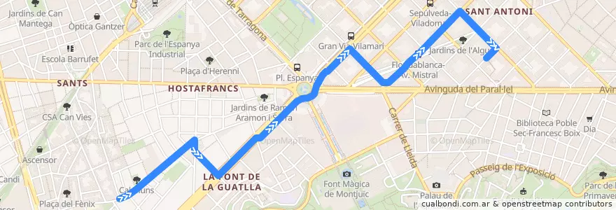 Mapa del recorrido 91 La Bordeta => Manso de la línea  en Barcelone.