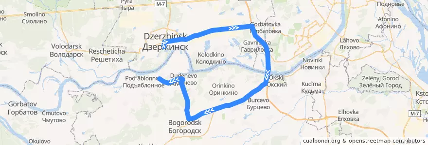 Mapa del recorrido Маршрутное такси №Т-329 (Дзержинск (автовокзал) - Хабарское (Богородский р-н)) de la línea  en Óblast de Nizhni Nóvgorod.