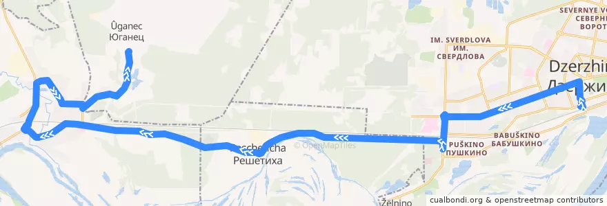 Mapa del recorrido Маршрутное такси №Т-212 (Дзержинск (автовокзал) – Юганец КПП (Володарский р-н)) de la línea  en Нижегородская область.