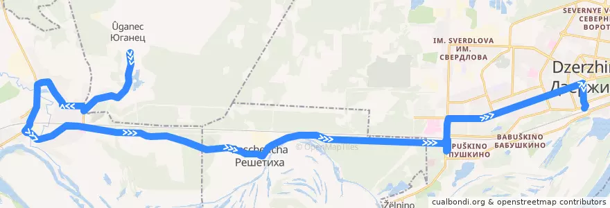 Mapa del recorrido Маршрутное такси №Т-212 (Юганец КПП (Володарский р-н) - Дзержинск (автовокзал)) de la línea  en Нижегородская область.