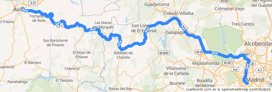 Mapa del recorrido R-1 de la línea  en 스페인.