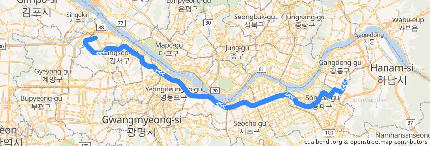 Mapa del recorrido 서울 지하철 9호선: 중앙보훈병원 → 개화 de la línea  en سول.