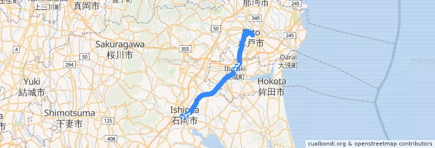 Mapa del recorrido 関東鉄道バス 石岡駅⇒奥ノ谷⇒水戸駅 de la línea  en 이바라키현.