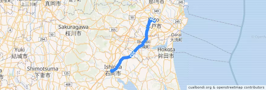 Mapa del recorrido 関東鉄道バス 水戸駅⇒奥ノ谷⇒石岡駅 de la línea  en Ibaraki Prefecture.