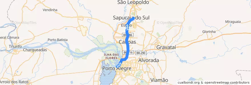 Mapa del recorrido Norte: Mercado - Sapucaia de la línea  en Região Metropolitana de Porto Alegre.