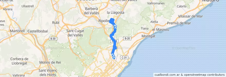 Mapa del recorrido 96 La Sagrera => Montcada i Reixac de la línea  en برشلونة.