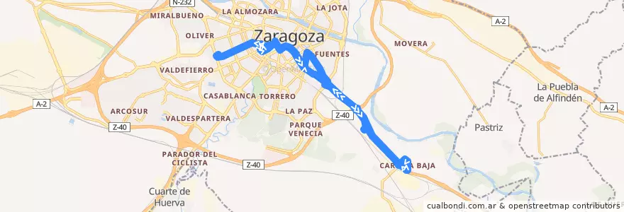 Mapa del recorrido Bus N6: Paseo Pamplona - Plaza Roma - Vía Hispanidad - La Cartuja de la línea  en Zaragoza.