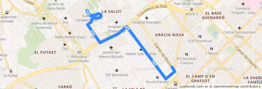 Mapa del recorrido 116 La Salut (Tornada) de la línea  en Barcelona.