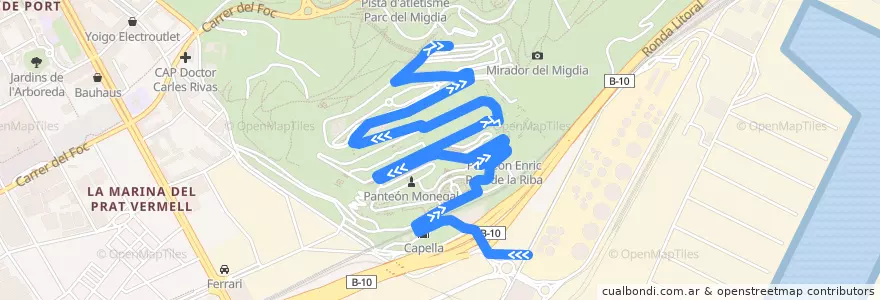 Mapa del recorrido 107 Cementiri de Montjuïc. Pg. Can Tunis => Pg. del Migdia de la línea  en Barcelona.