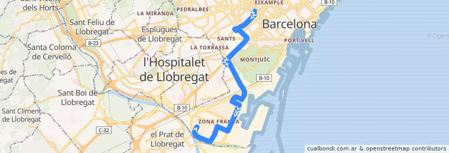 Mapa del recorrido 109 Hospital Clínic=> Polígon Zona Franca de la línea  en Barcelona.