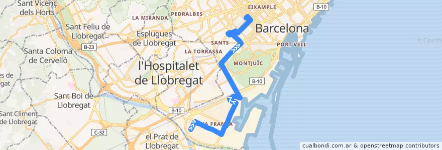 Mapa del recorrido 109 Polígon Zona Franca => Hospital Clínic de la línea  en Barcelona.