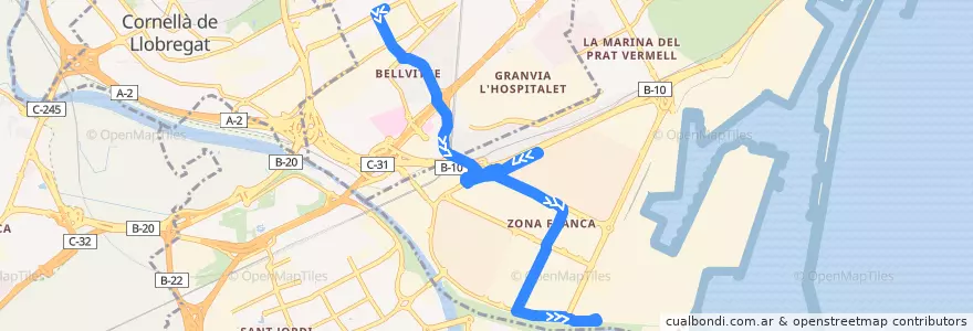 Mapa del recorrido 110 Av. Carrilet => Polígon Zona Franca de la línea  en Barcelona.