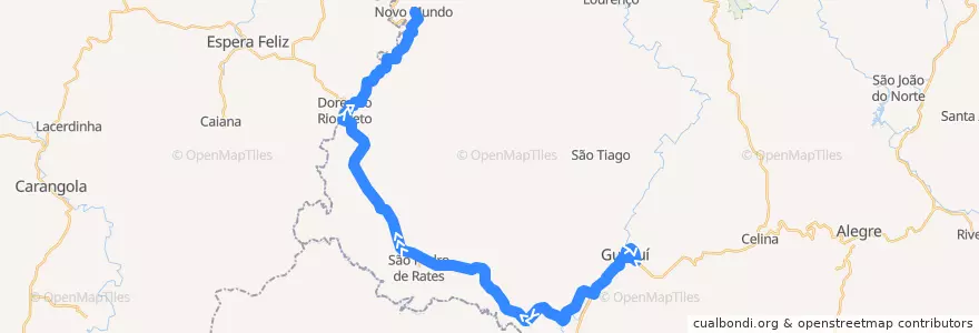 Mapa del recorrido 165/0 Guaçuí / Mundo Novo de la línea  en Microrregião Caparaó.