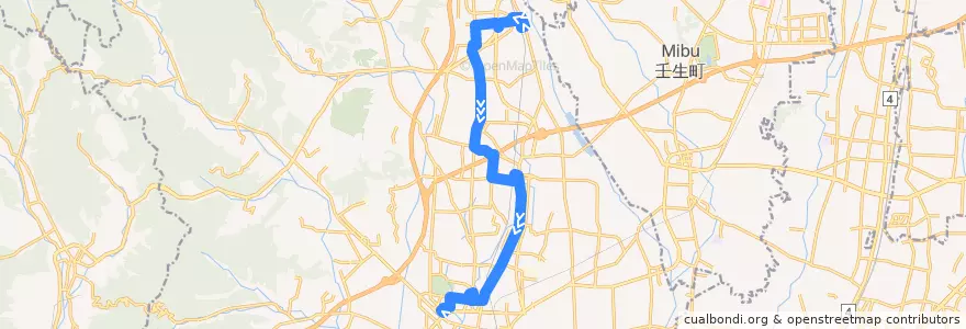 Mapa del recorrido 栃木市ふれあいバス金崎線 東武金崎駅⇒西方小学校⇒イオン de la línea  en Tochigi.
