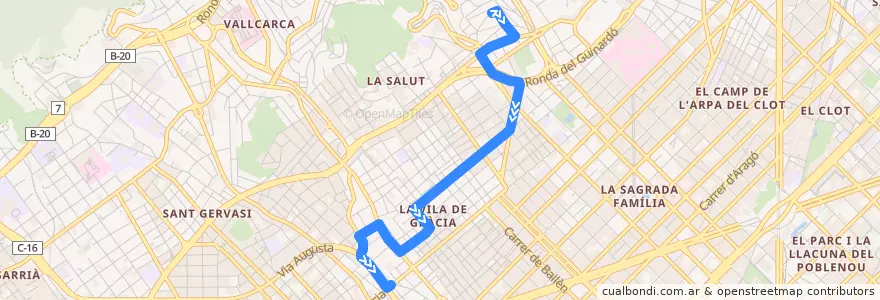 Mapa del recorrido 114 Can Baró => Gràcia de la línea  en Barcelona.