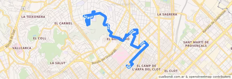 Mapa del recorrido 117 Guinardó => Font d'en Fargas de la línea  en Barcelona.