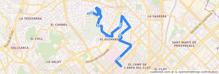 Mapa del recorrido 117 Font d'en Fargas => Guinardó de la línea  en Barcelona.