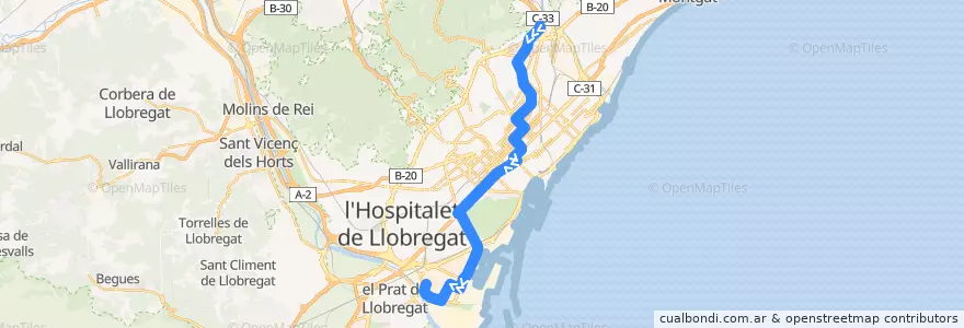 Mapa del recorrido N1 Zona Franca-Pl.Catalunya-Trinitat Nova de la línea  en 바르셀로나.