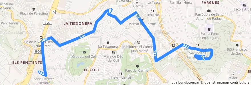 Mapa del recorrido 119 Penitents => Carmel de la línea  en Barcelona.
