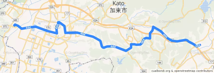 Mapa del recorrido 14：(社町駅)～社～社小学校～嬉野台生涯教育センター・天神 de la línea  en Kato.