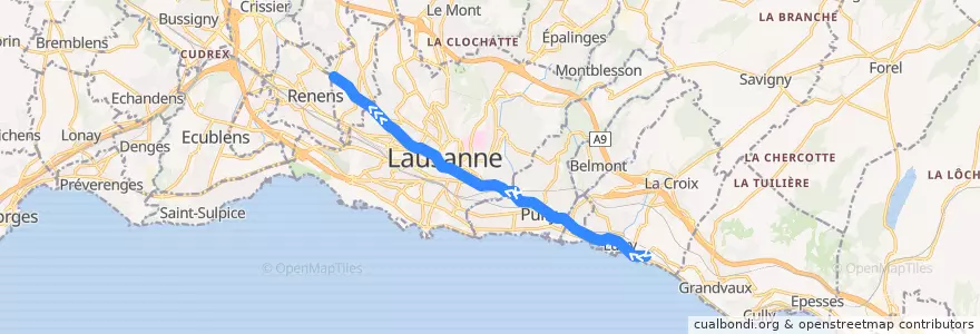 Mapa del recorrido 9 de la línea  en Vaud.