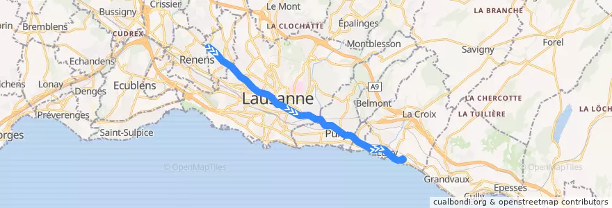 Mapa del recorrido 9 de la línea  en Vaud.