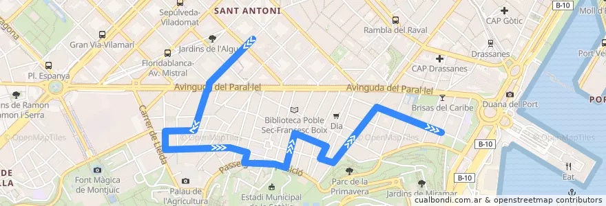 Mapa del recorrido 121 Mercat Sant Antoni => Poble Sec de la línea  en Barcelona.