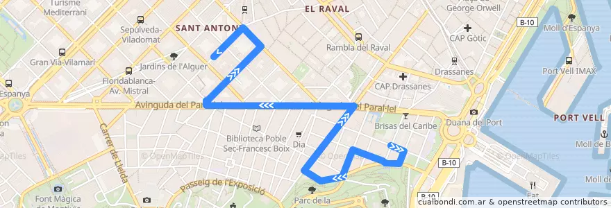 Mapa del recorrido 121 Poble Sec => Mercat Sant Antoni de la línea  en Barcelona.