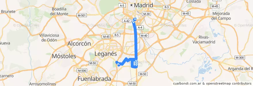 Mapa del recorrido Bus 447: Madrid - Getafe de la línea  en Área metropolitana de Madrid y Corredor del Henares.